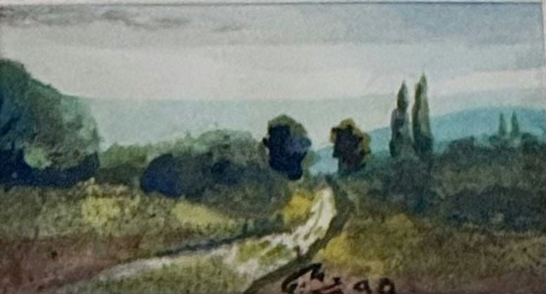 Original Watercolor 'Winding Path Through Green Landscape' by Mohammad Bushnaq