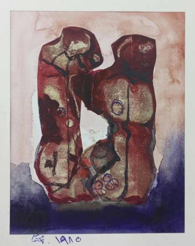 Original Watercolor 'Two Abstract Figures Embracing' by Mohammad Bushnaq