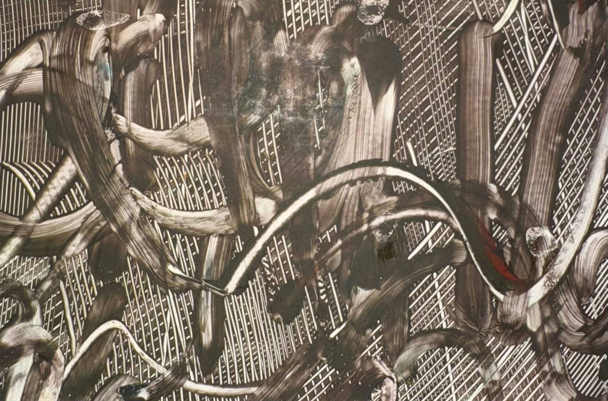 Original Mixed media 'Dark Sweeping Brushstrokes on Hatched Ground' by Mohammad Bushnaq