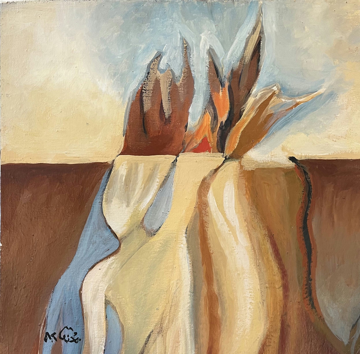 Original Mixed media 'Abstract Figures in Desert Landscape' by Mohammad Bushnaq