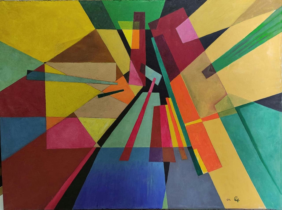 Original Oil 'Geometric Abstract Composition in Multiple Colours' by Mohammad Bushnaq