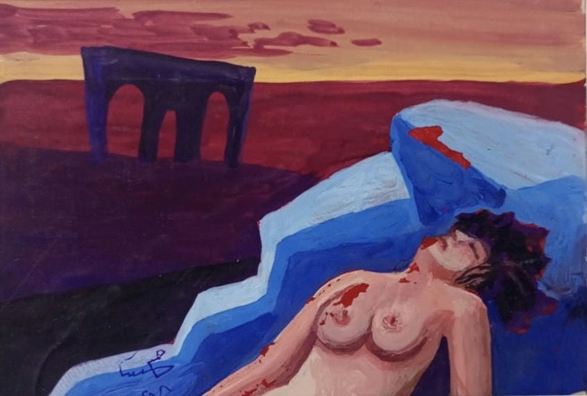 Original Watercolor 'Reclining Nude Woman at Dusk' by Mohammad Bushnaq