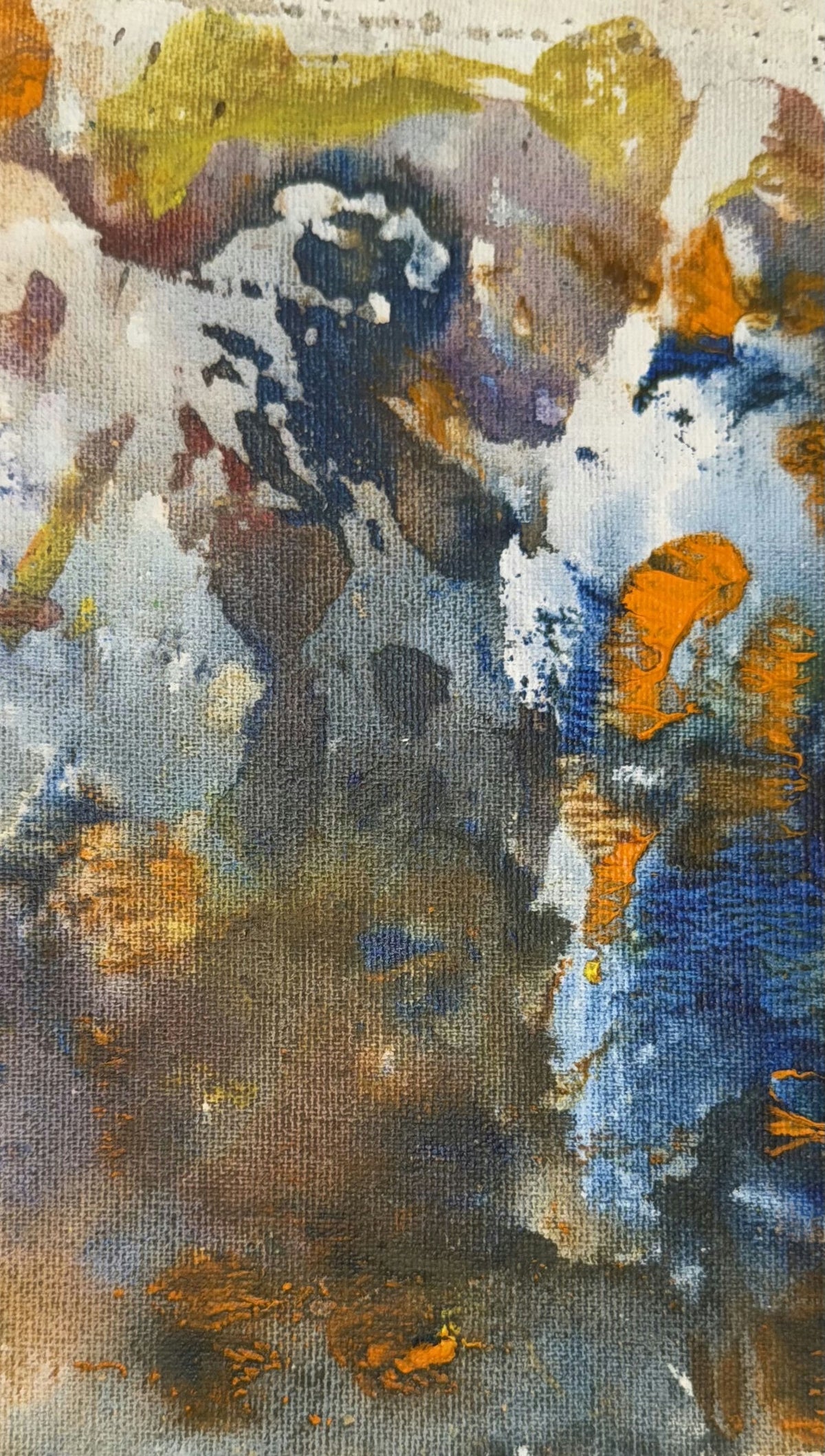 Original Mixed media 'Blue Orange Yellow Abstract Mixed Media' by Mohammad Bushnaq