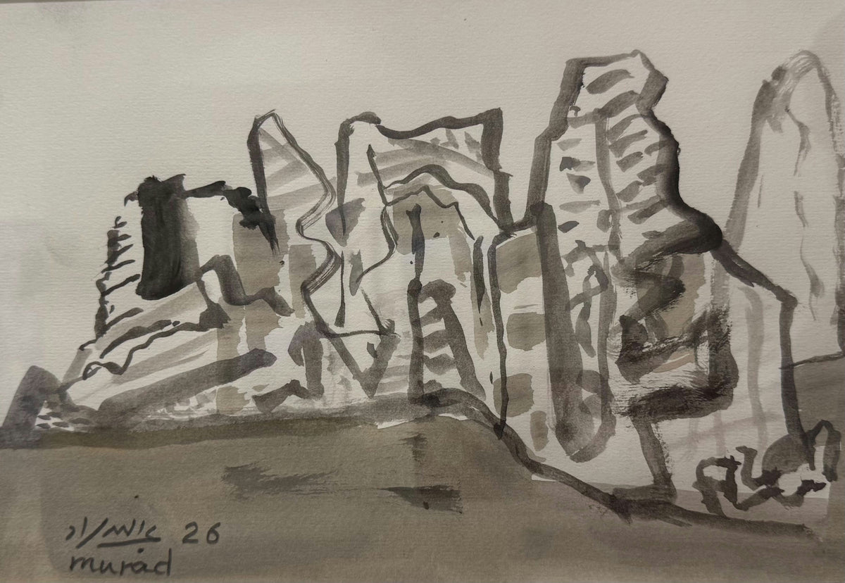 Original Watercolor 'Rocky Landscape in Ink Wash' by Abdullah Murad
