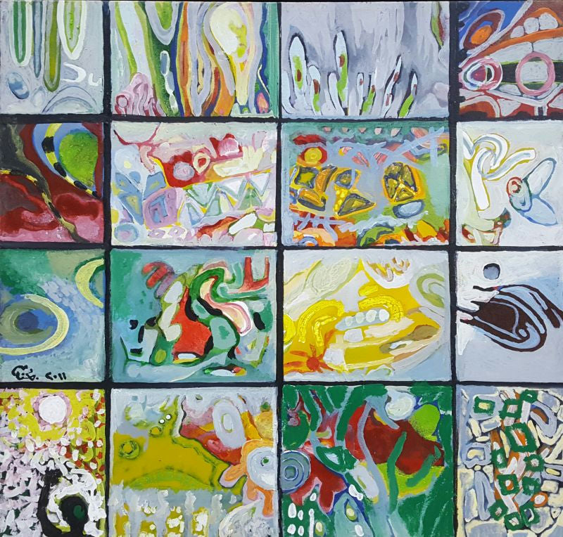 Original Oil 'Sixteen Abstract Panels Grid' by Mohammad Bushnaq