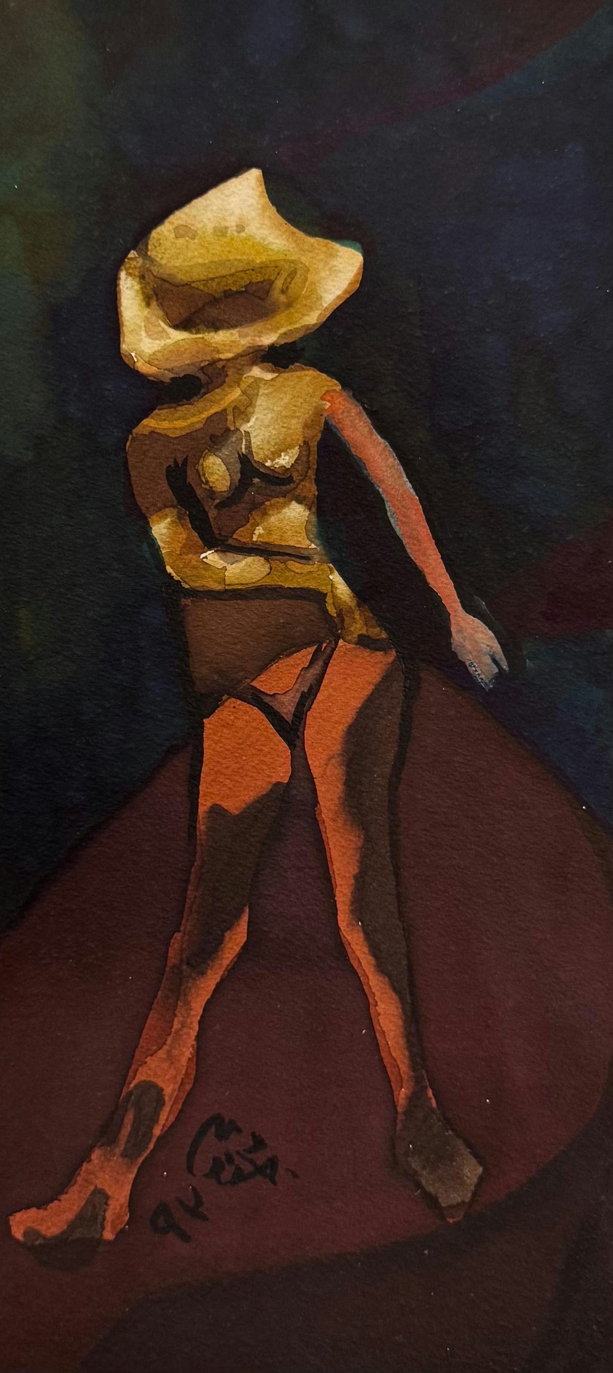 Original Mixed media 'Female Figure in Wide Brim Hat' by Mohammad Bushnaq
