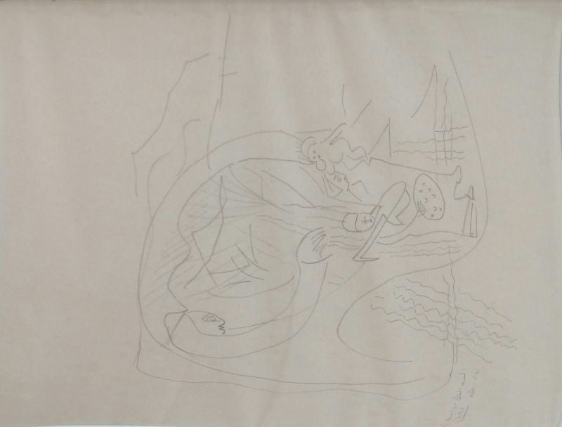 Original Ink & Pencil (Sketches) 'Figure Bending Over Water Scene' by Tahya Halim