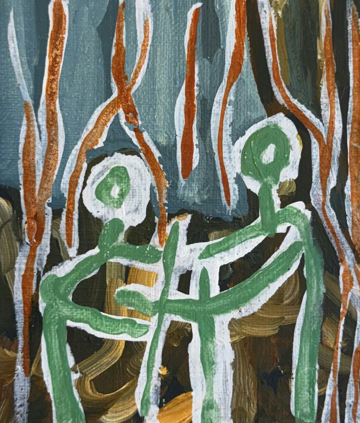 Original Mixed media 'Two Figures Among Vertical Forms' by Mohammad Bushnaq