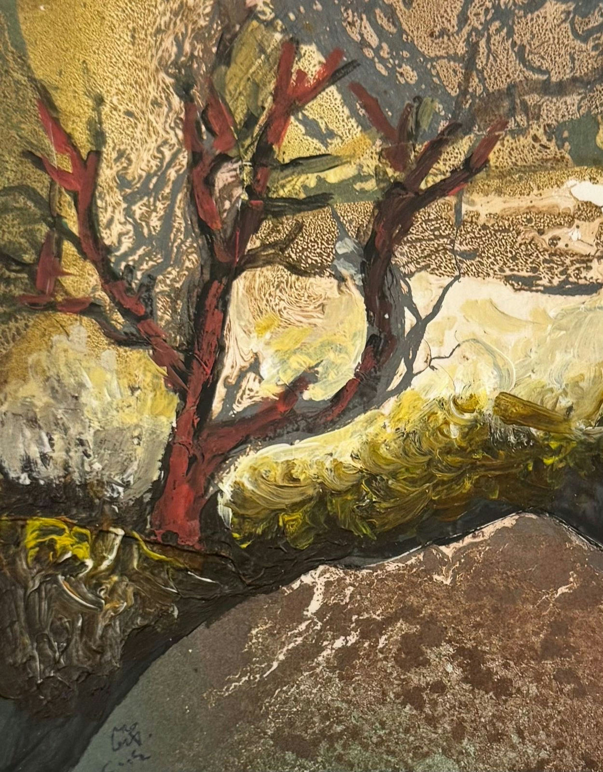 Original Watercolor 'Bare Red Tree Among Rocks' by Mohammad Bushnaq
