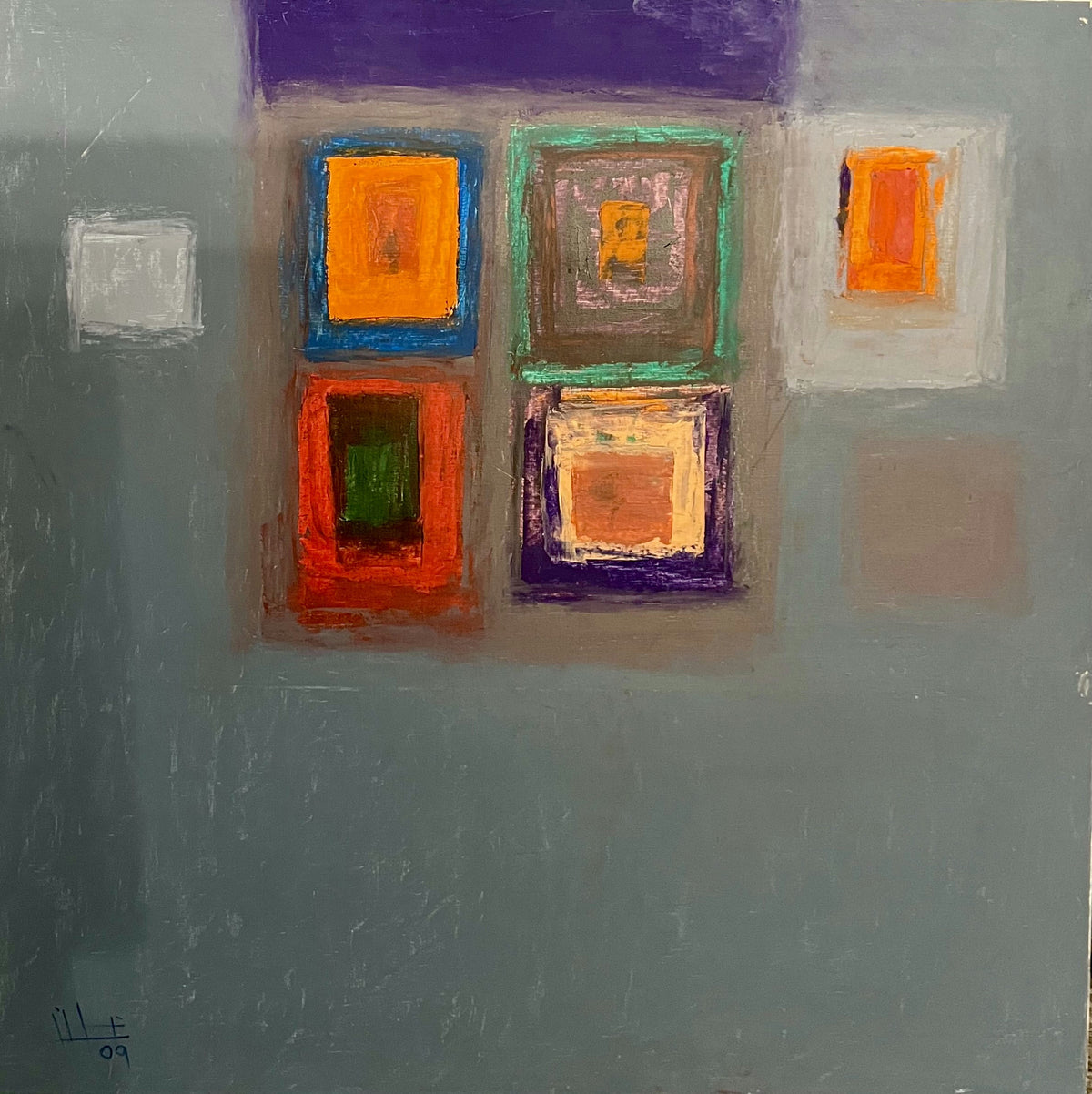 Original Acrylic 'Colorful Nested Squares on Grey' by Ghassan Abulaban
