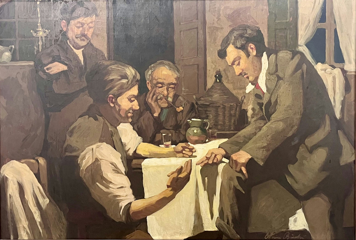 Original Oil 'Four Men Gathered Around a Table' by Ottorino Bicchi