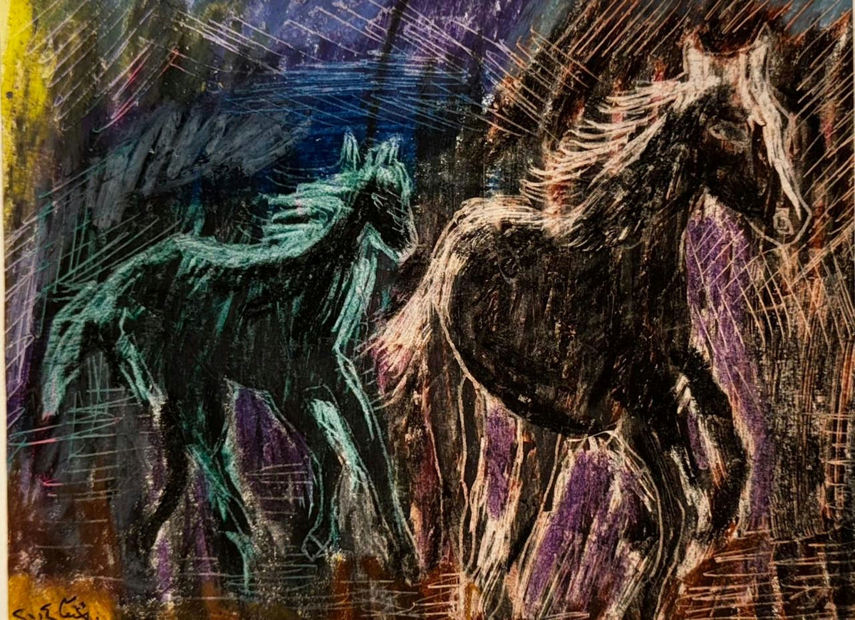 Original Mixed media 'Two Horses Running in Dark Background' by Mohammad Bushnaq