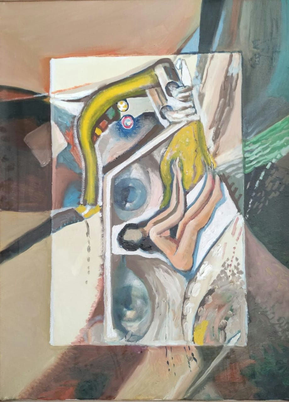Original Oil 'Figure and Abstract Mechanical Forms' by Mohammad Bushnaq