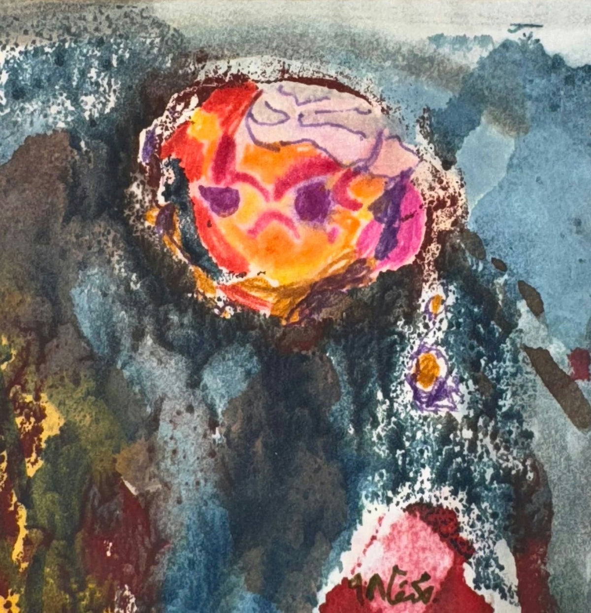 Original Mixed media 'Vibrant Abstract Forms on Blue Ground' by Mohammad Bushnaq