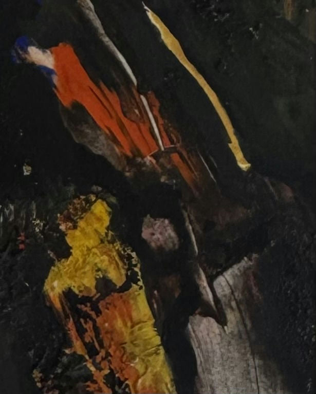 Original Mixed media 'Dark Abstract with Red and Yellow' by Mohammad Bushnaq