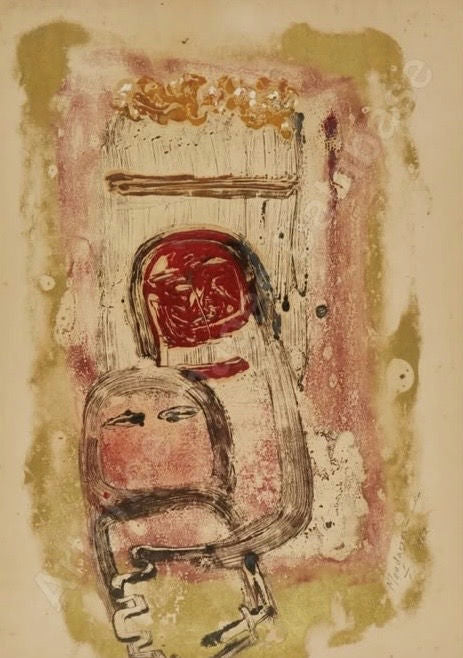 Original Mixed media 'Two Abstract Faces on Aged Paper' by Fateh AlMoudarres