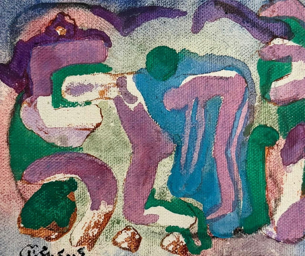Original Watercolor 'Figures in Purple and Green' by Mohammad Bushnaq