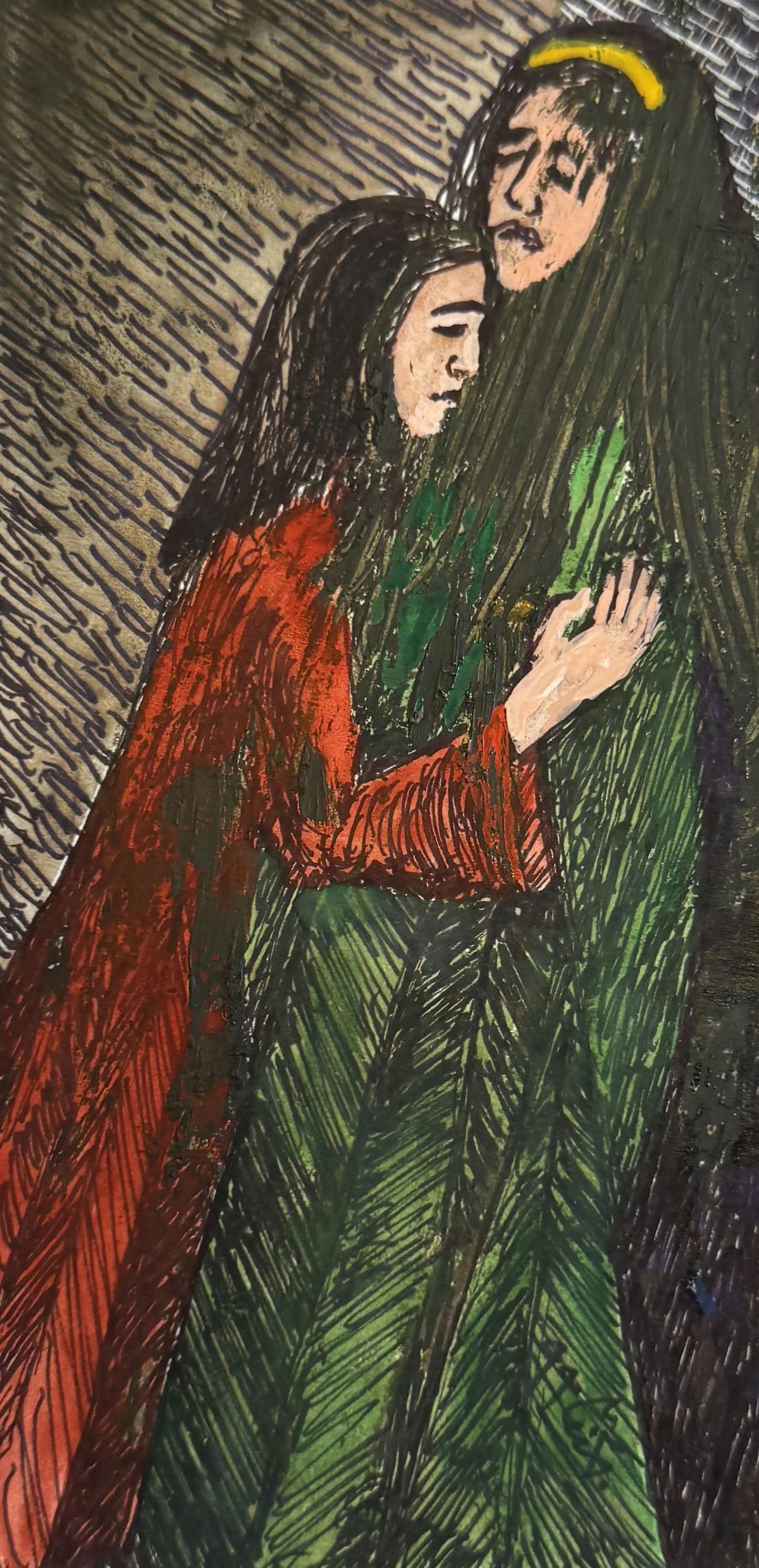 Original Mixed media 'Two Figures Embracing in Green and Red' by Mohammad Bushnaq