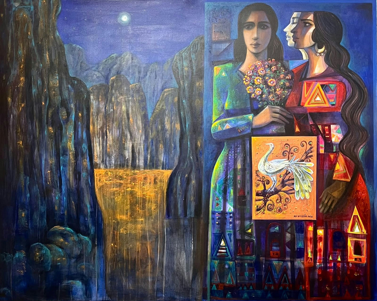 Original Acrylic 'Two Women With Flowers and Bird' by Ali Hussein