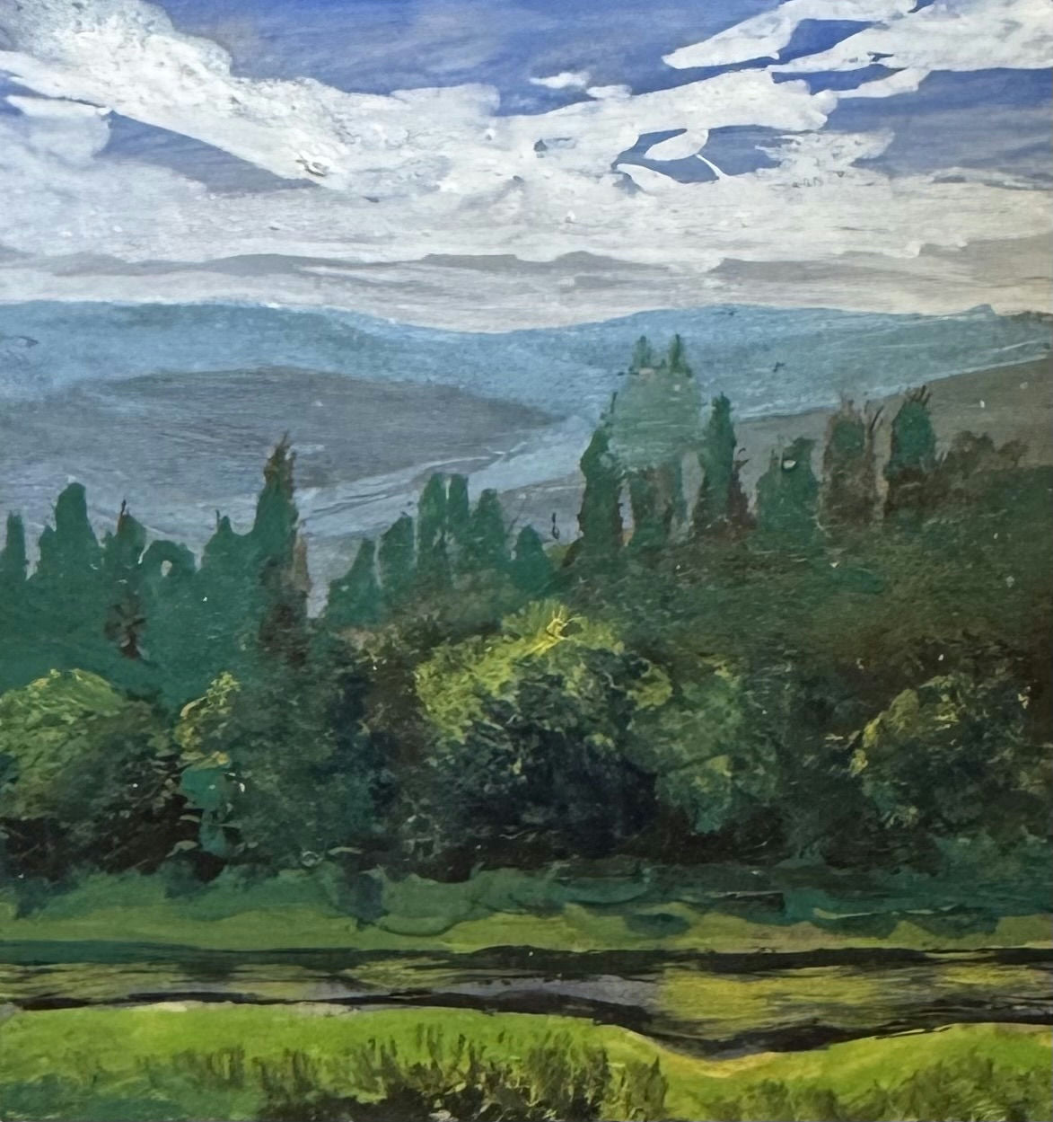 Original Mixed media 'Green Hills and Cloudy Sky Landscape' by Mohammad Bushnaq