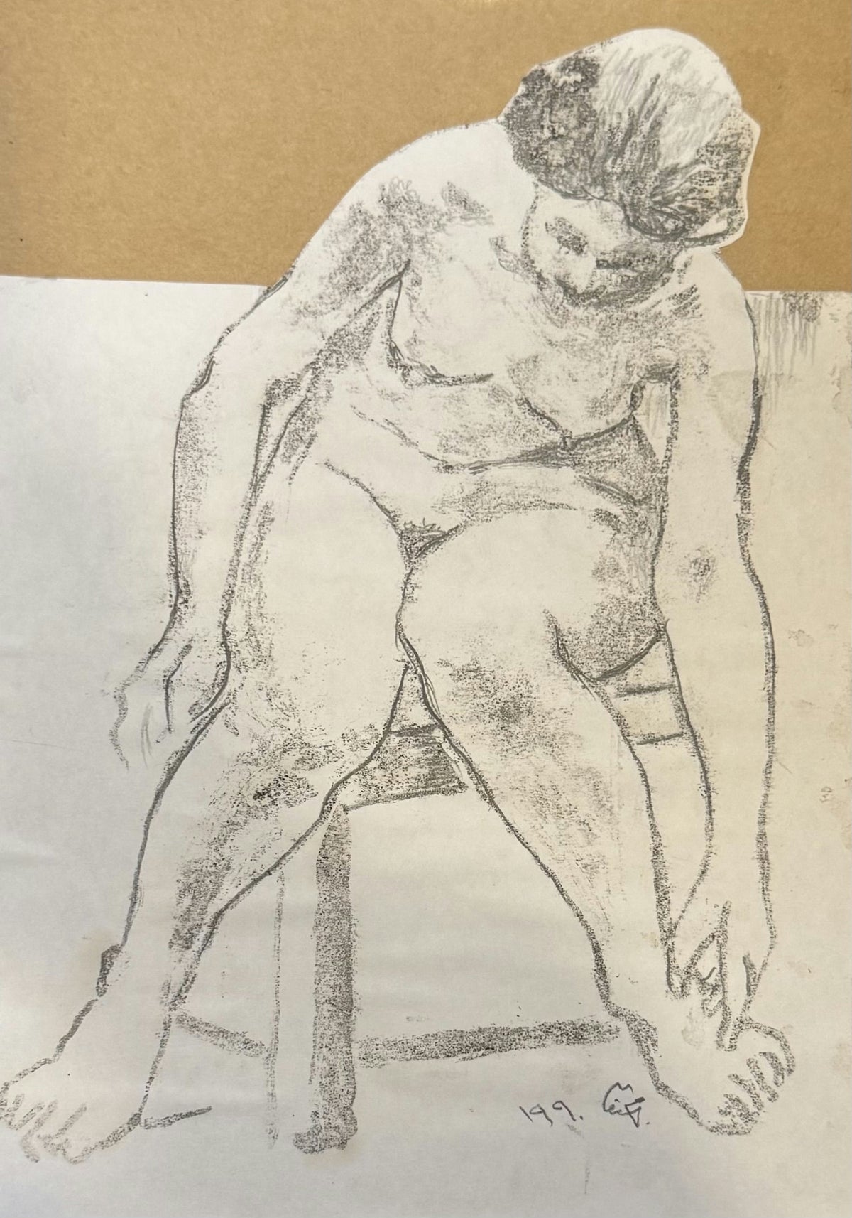 Original Mixed media 'Seated Nude Figure on Stool' by Mohammad Bushnaq