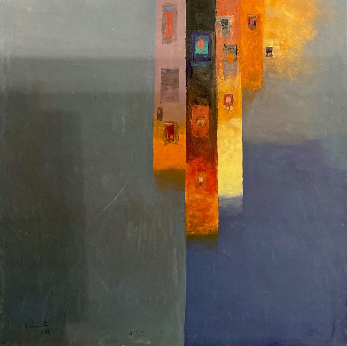 Original Acrylic 'Abstract Orange and Grey Vertical Forms' by Ghassan Abulaban