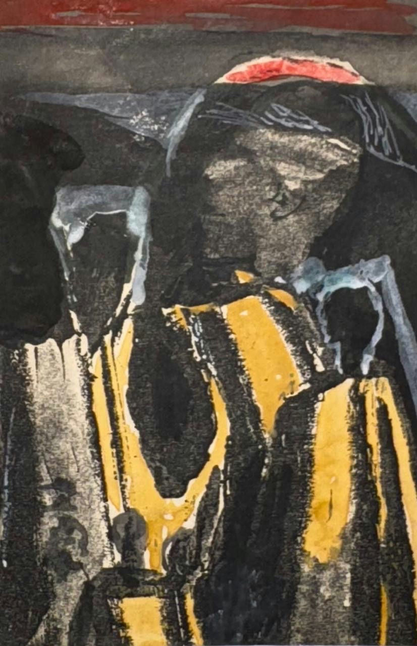 Original Mixed media 'Figures in Dark Striped Robes' by Mohammad Bushnaq