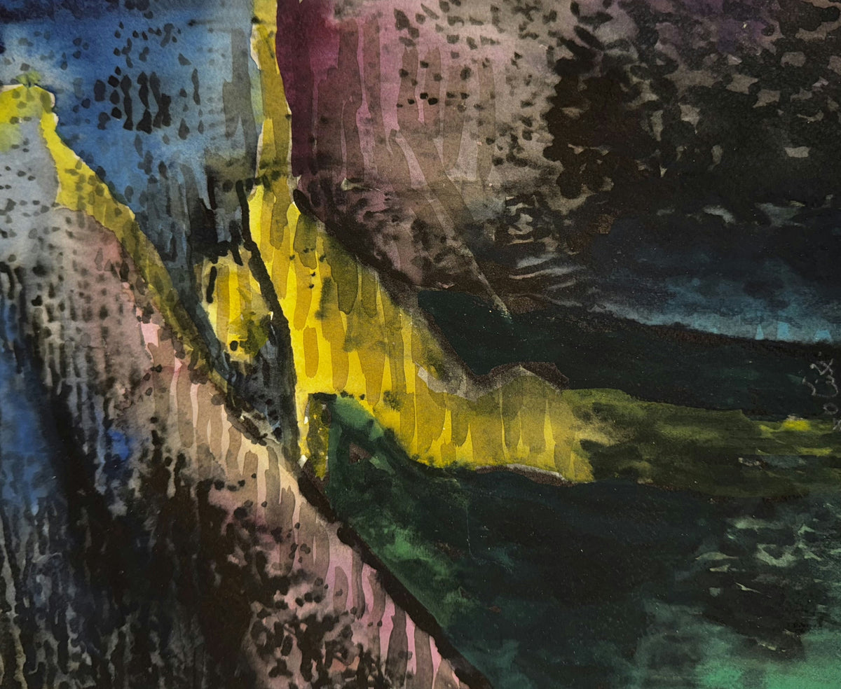 Original Mixed media 'Dark Abstract Landscape with Yellow Streak' by Mohammad Bushnaq