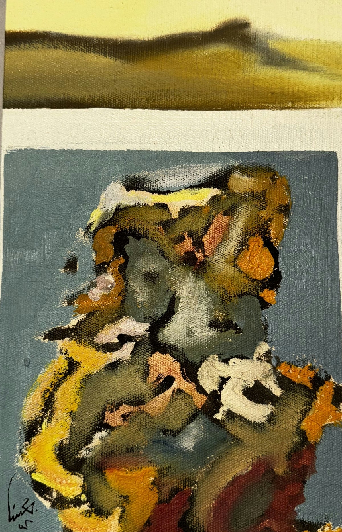 Original Mixed media 'Textured Rock Form on Blue Ground' by Mohammad Bushnaq