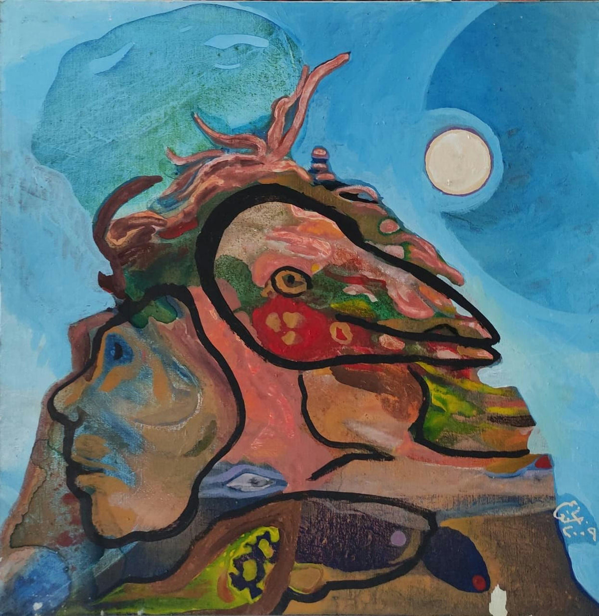 Original Acrylic 'Abstract Figures Under Moon and Sky' by Mohammad Bushnaq