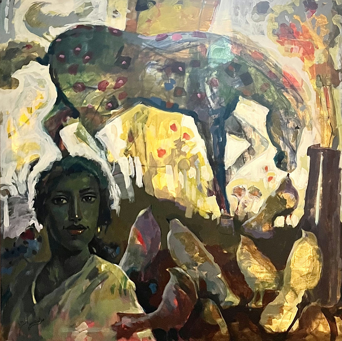 Original Acrylic 'Woman and Green Animal Figure' by Mirvat Shathely