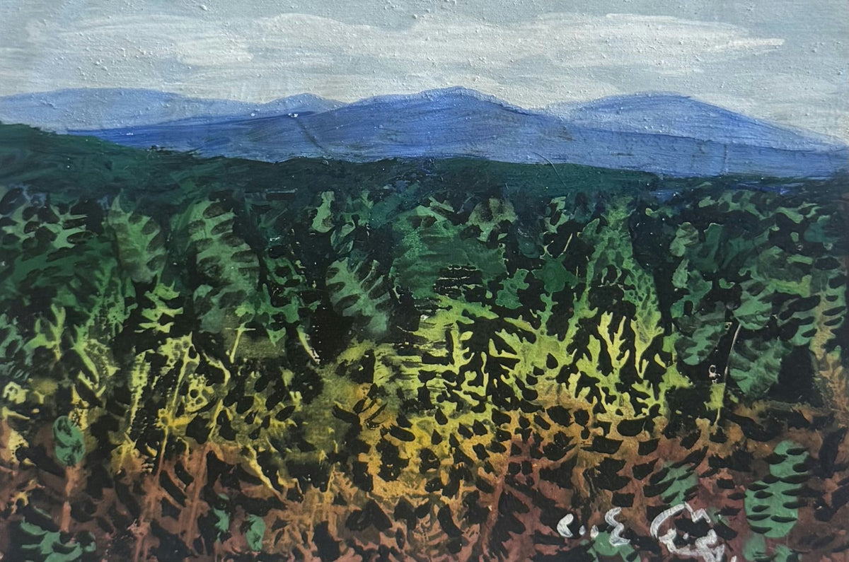 Original Mixed media 'Forest Landscape with Blue Mountains' by Mohammad Bushnaq