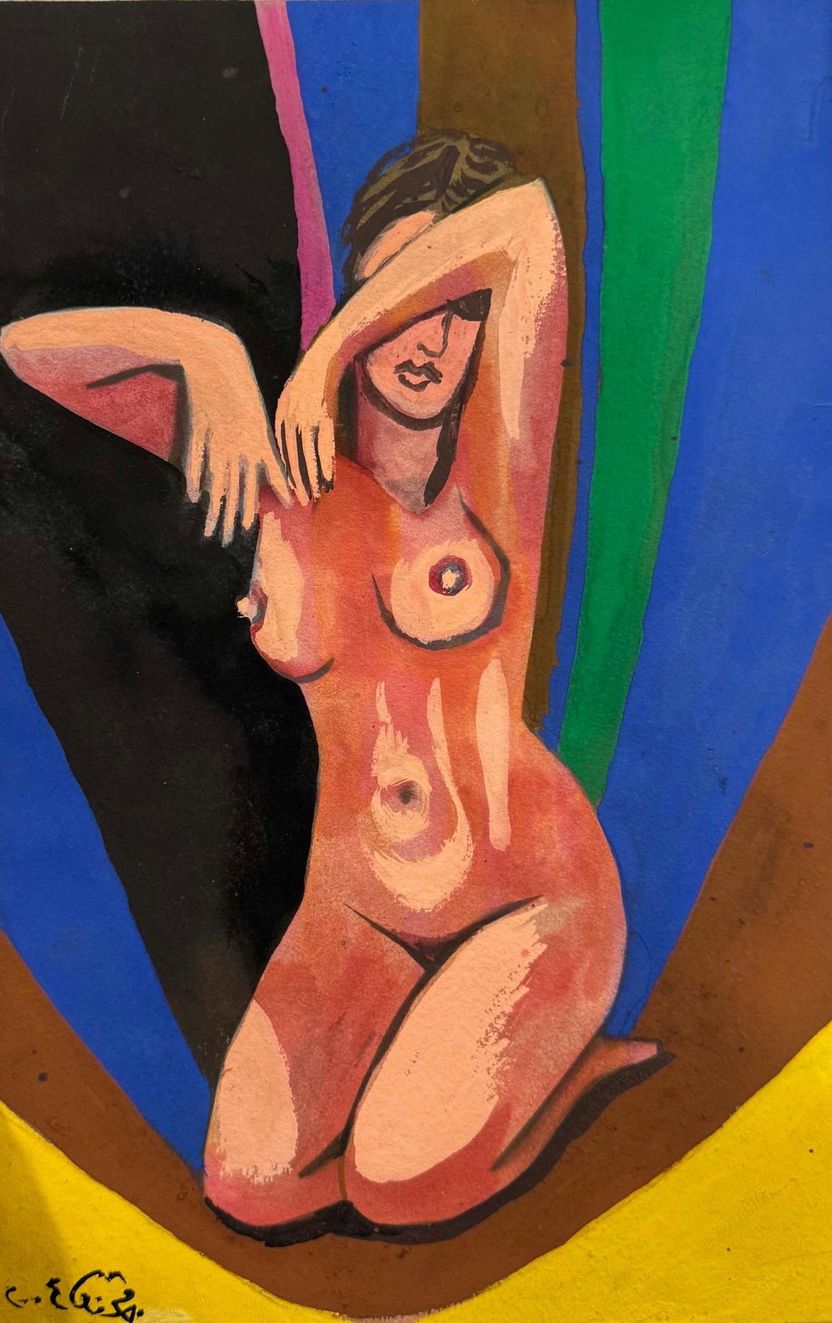 Original Oil 'Seated Nude Female Figure Colorful Background' by Mohammad Bushnaq