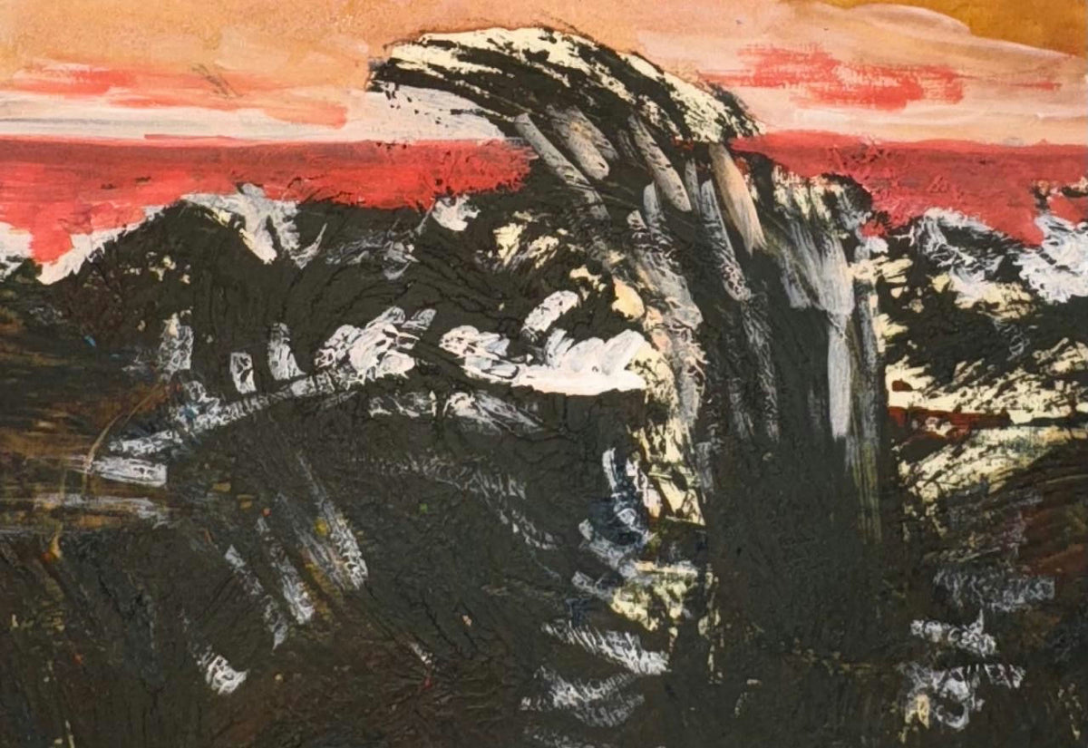 Original Mixed media 'Dark Rocky Landscape Under Red Sky' by Mohammad Bushnaq