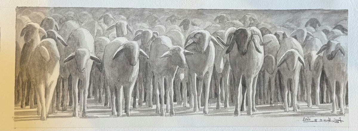 Original Watercolor 'Large Herd of Sheep Together' by Ahmed Elbadawy