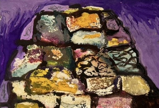 Original Oil 'Colorful Stone Wall on Purple Background' by Mohammad Bushnaq