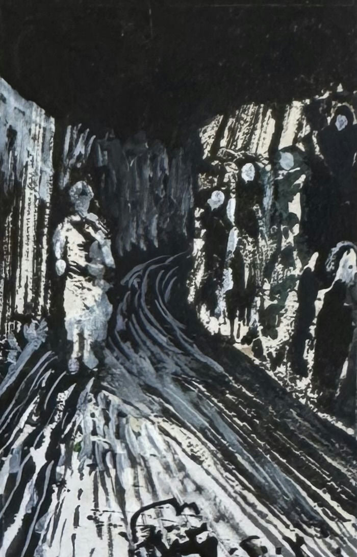 Original Mixed media 'Crowd of Figures in Dark Street' by Mohammad Bushnaq