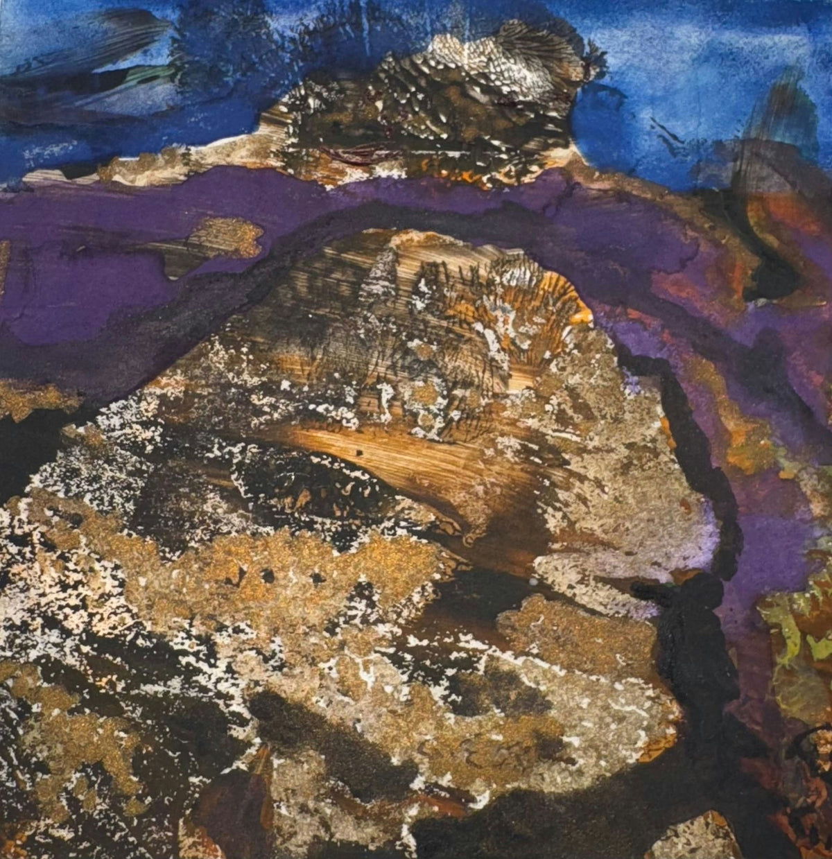 Original Mixed media 'Rocky Landscape with Purple and Blue' by Mohammad Bushnaq