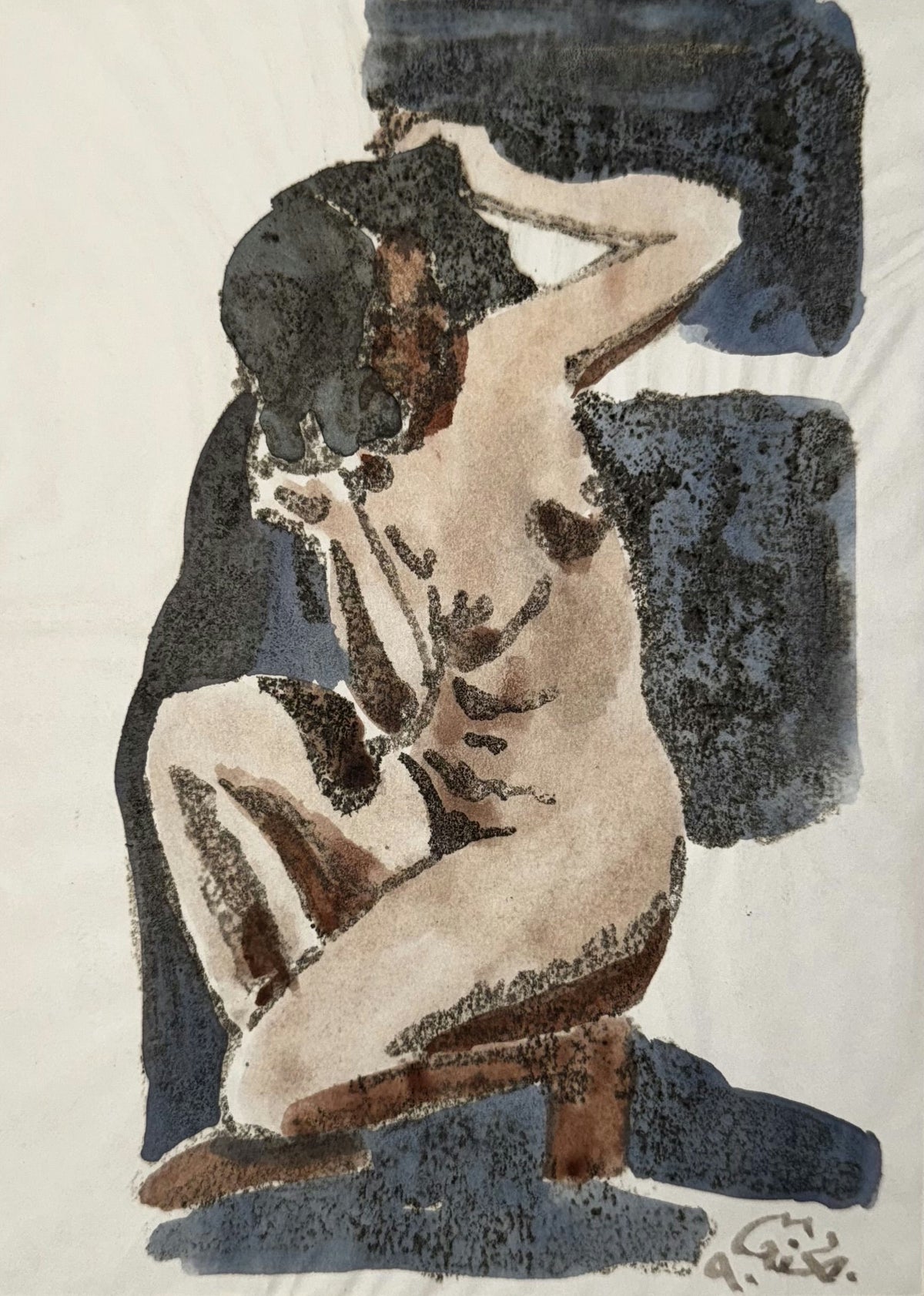 Original Mixed media 'Seated Nude Figure from Behind' by Mohammad Bushnaq