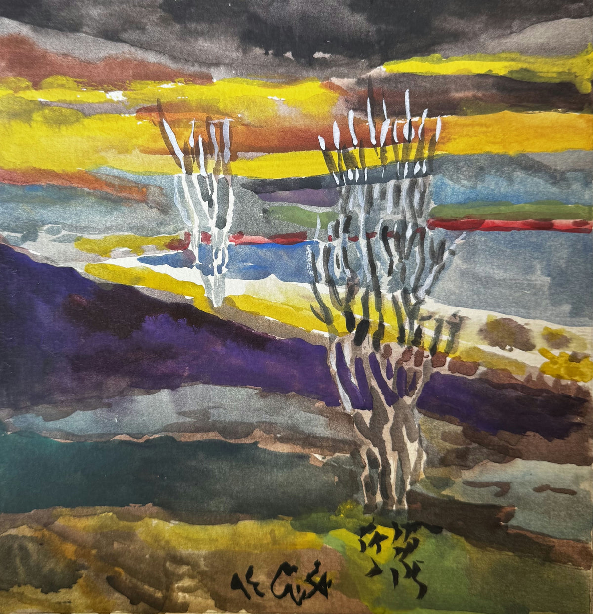 Original Mixed media 'Two Bare Trees in Stormy Landscape' by Mohammad Bushnaq