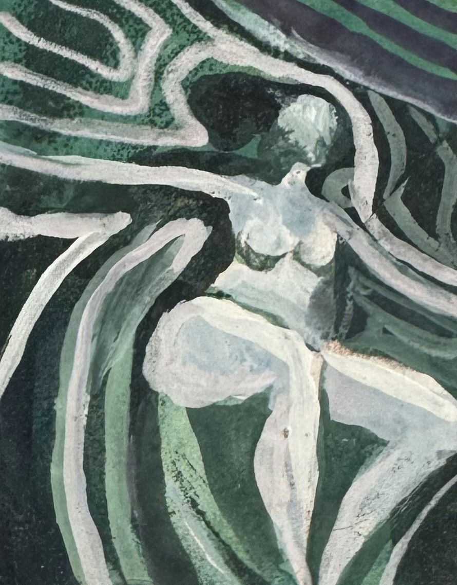 Original Mixed media 'Seated Female Figure in Green' by Mohammad Bushnaq