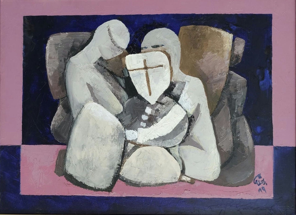 Original Oil 'Three Figures with Cross Shield' by Mohammad Bushnaq