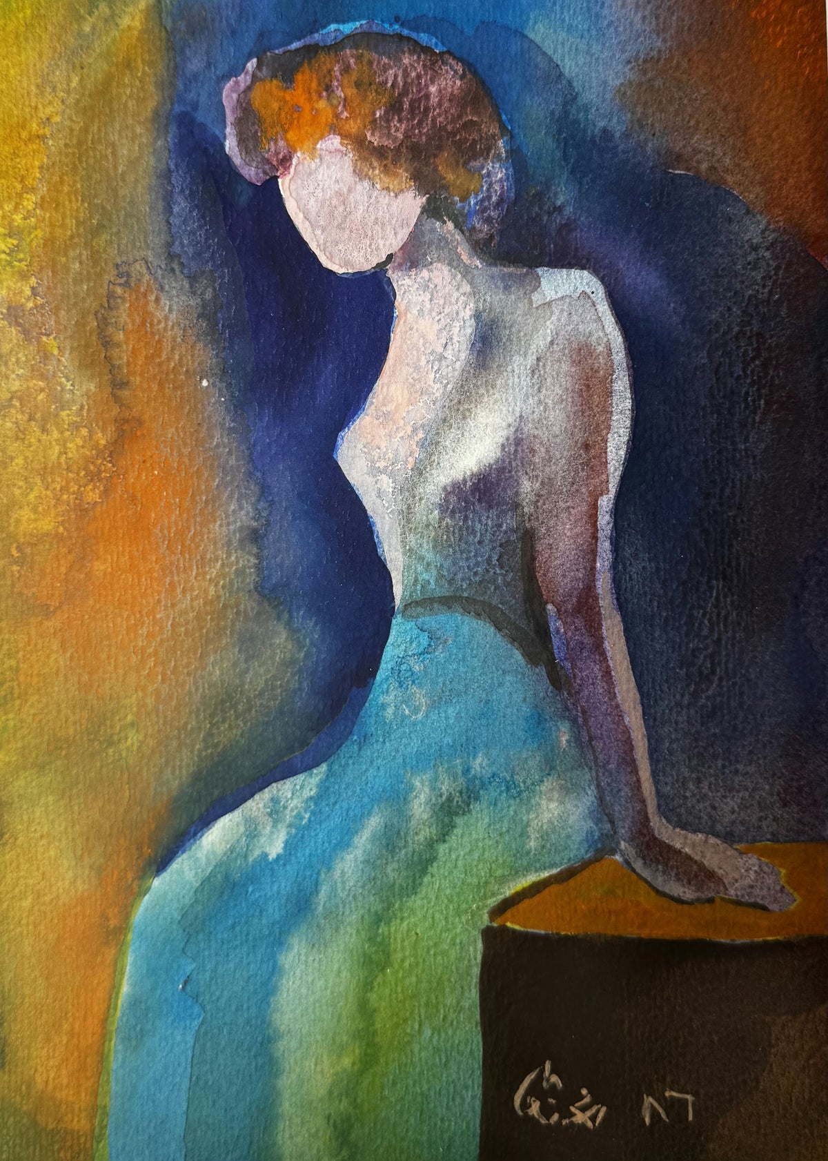 Original Mixed media 'Seated Woman in Blue Dress' by Mohammad Bushnaq