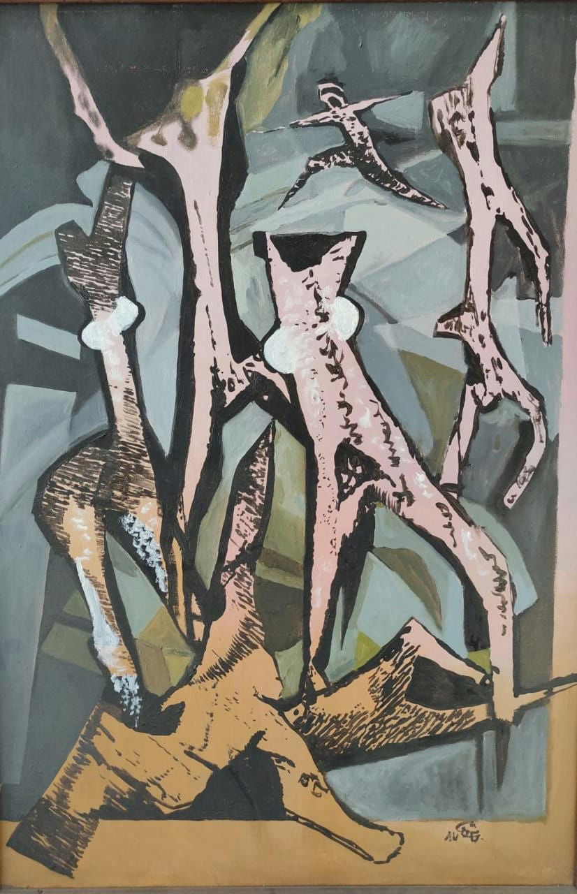 Original Acrylic 'Abstract Fragmented Figures on Grey' by Mohammad Bushnaq
