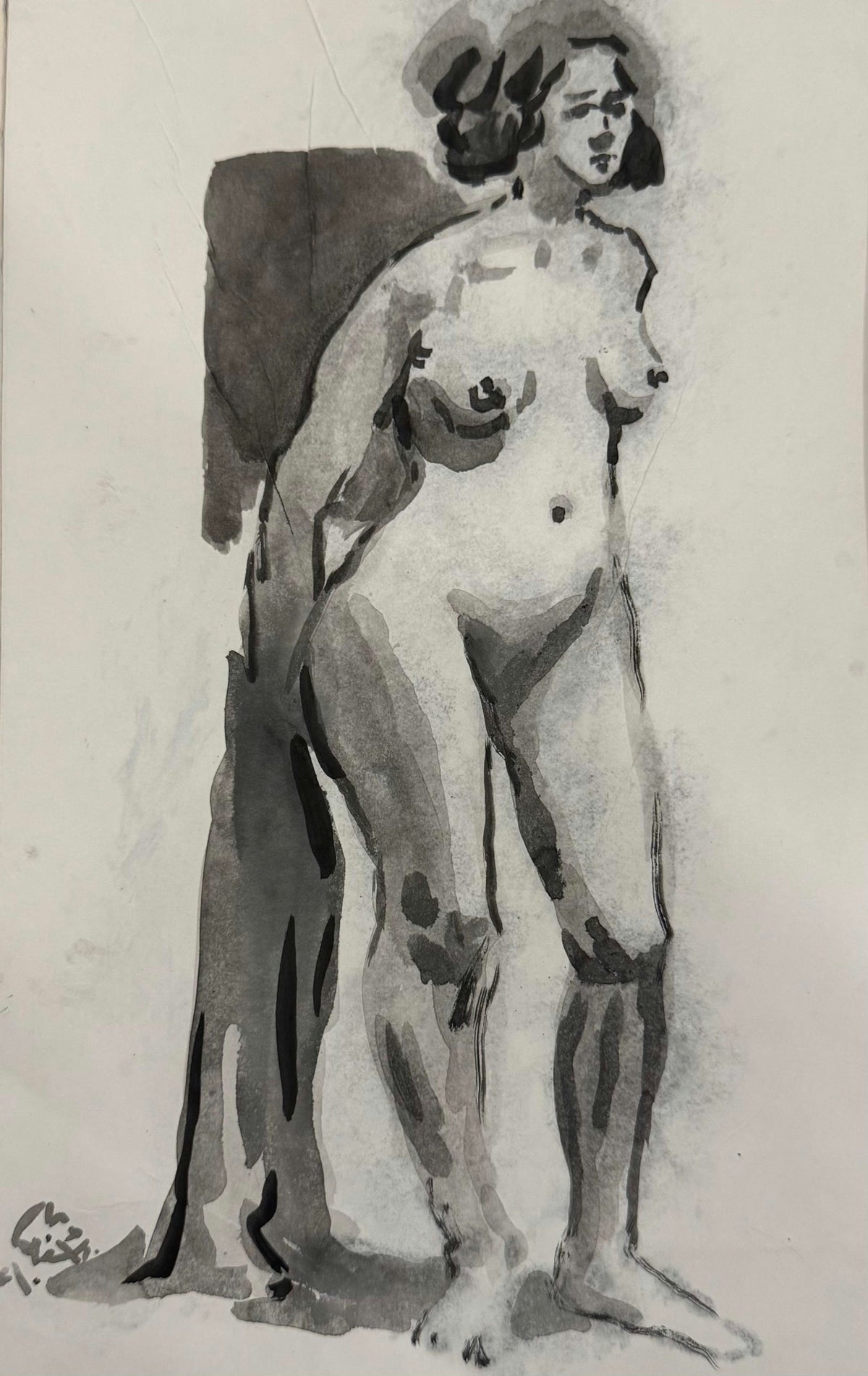 Original Watercolor 'Standing Nude Female Figure Study' by Mohammad Bushnaq