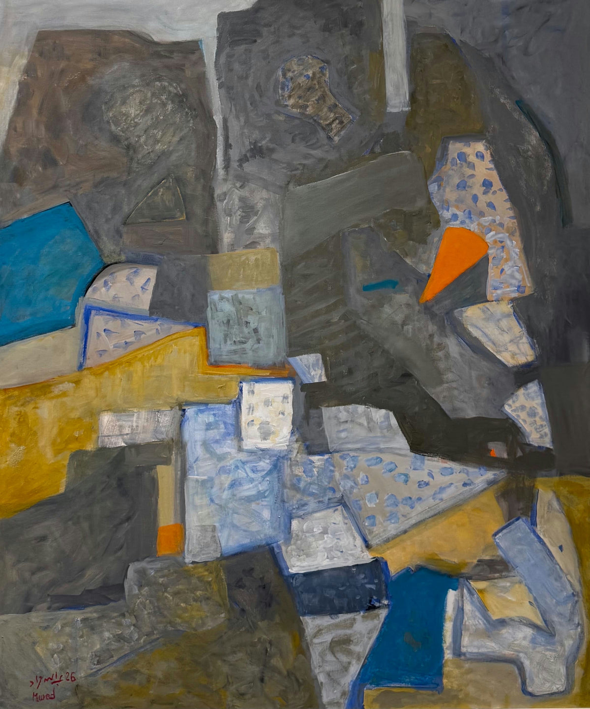 Original Acrylic 'Abstract Geometric Shapes in Grey and Yellow' by Abdullah Murad