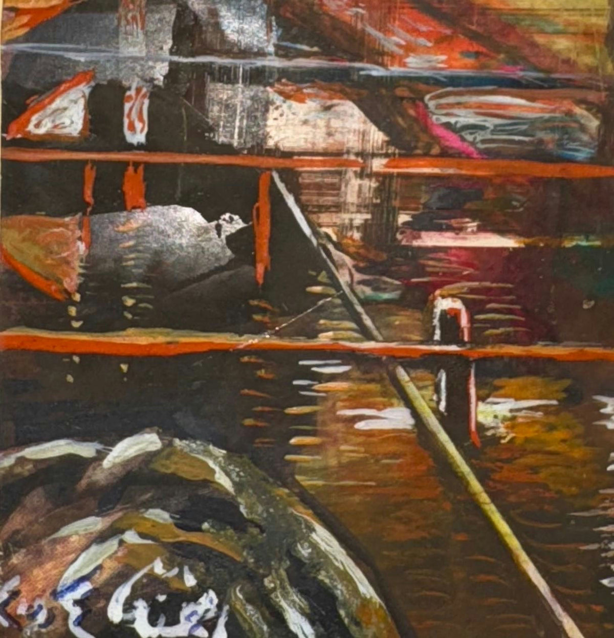 Original Mixed media 'Dark Interior with Orange Structures' by Mohammad Bushnaq