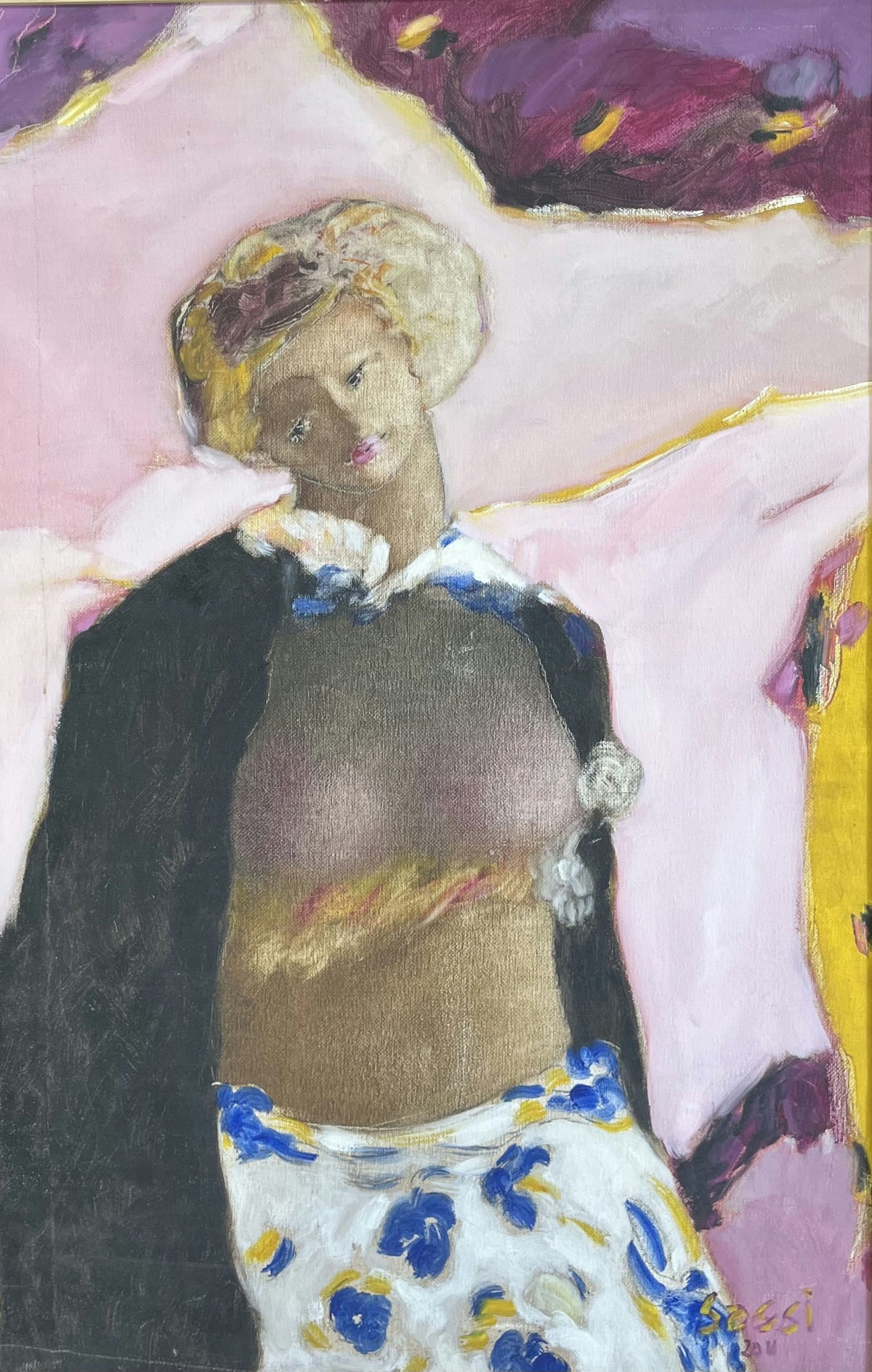 Original Oil 'Woman in Black Cape Floral Skirt' by Mohammad Alamin Sassi