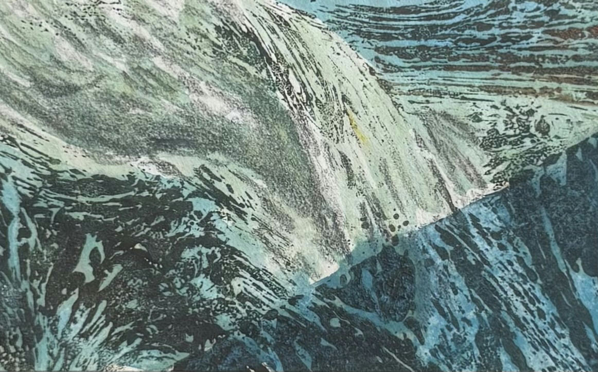 Original Mixed media 'Blue Green Mountain Landscape' by Mohammad Bushnaq
