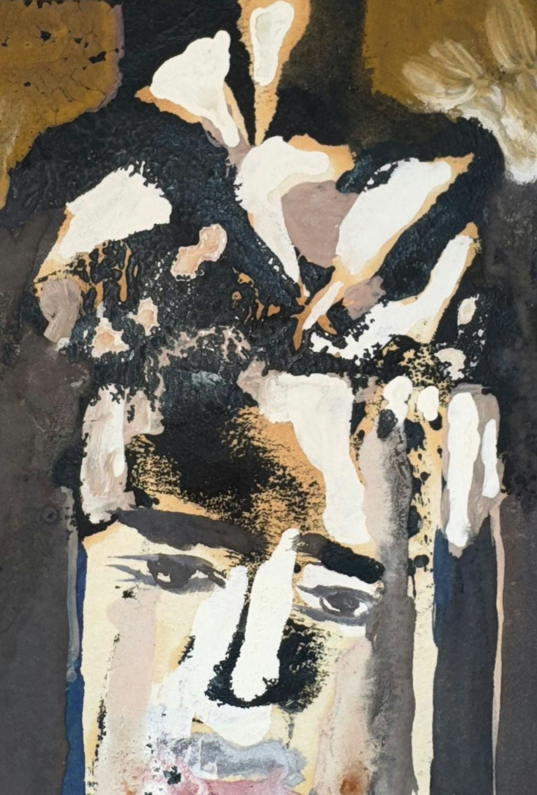 Original Mixed media 'Abstract Face with White Flowers' by Mohammad Bushnaq